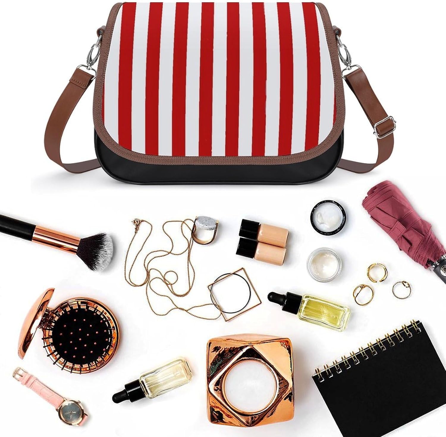 Vertical Stripes Red WhiteWomen's Faux Leather Crossbody Bag, Waterproof Wrinkle-Resistant Shoulder Bag with Detachable Strap, Large Capacity Casual Handbag, Fashion Daily Purse for Shopping Work Dati