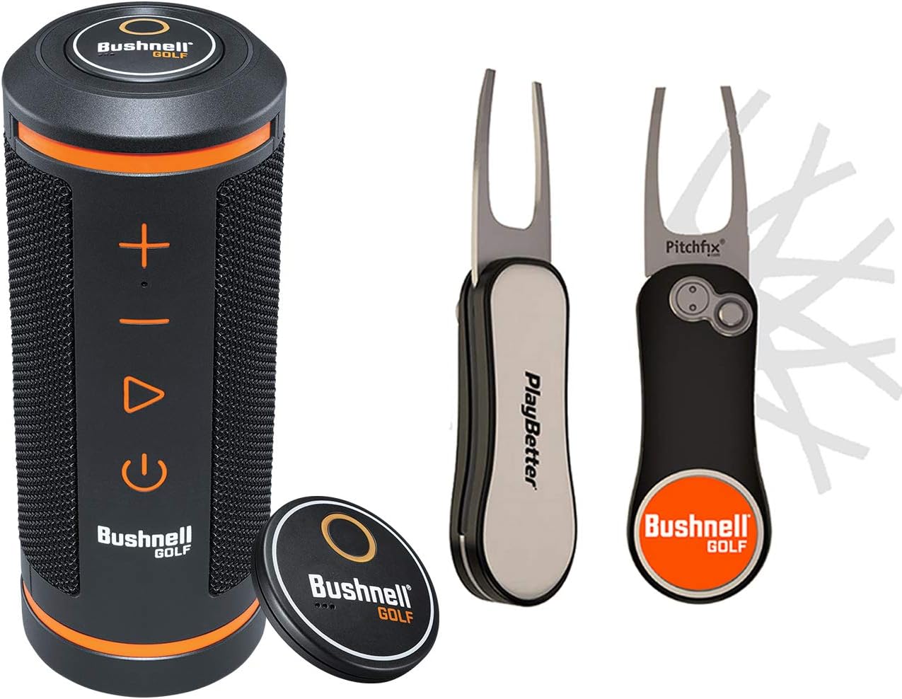 Bushnell Wingman Golf GPS Speaker with Bushnell Golf Pitchfix Divot Tool | Music & Audible GPS Distances | Score Tracking, 3D Flyovers & 36,000+ Courses | 361910