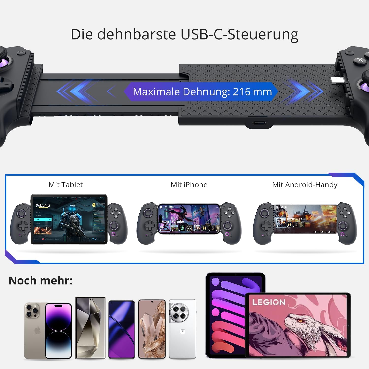 abxylute S9 Full-Size Gaming Phone Controller für iPhone 15/16/17, iPad Mini 6/7 Android Tablet Bluetooth TypeC Mobile Gamepad Kostenloser Tastenbelegung Genshin Impact, Hall Effect Joystick (black)