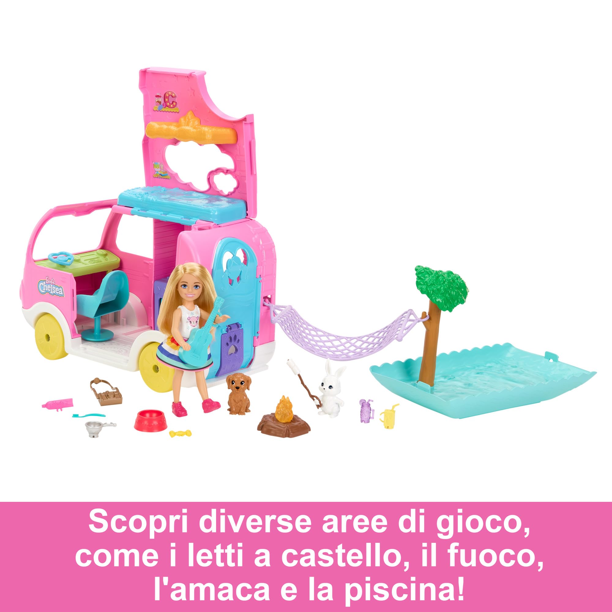 Barbie - Camper di Chelsea 2 in 1, playset con veicolo che si trasforma in un campeggio e mini bambola Chelsea, 2 cuccioli e 15+ accessori inclusi, giocattolo per bambini, 3+ anni, HNH90