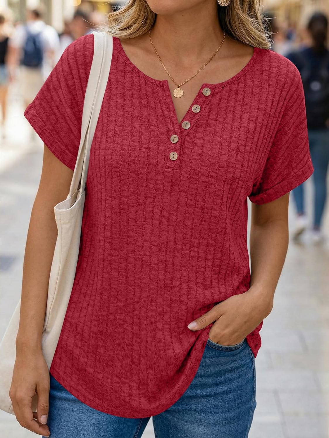 AUTOMET Women Tops Summer Sweaters Short Sleeve V Neck Henley Shirts Spring Dressy Button Blouses - Image 2