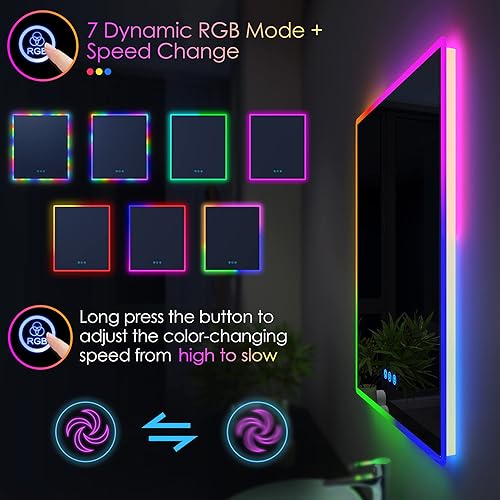 Miniatura 4 de LVSOMT Espejo de baño LED RGB para pared, 24 x 28 pulgadas, espejo de tocador de pared con luces que cambian de color, espejo iluminado para colgar,