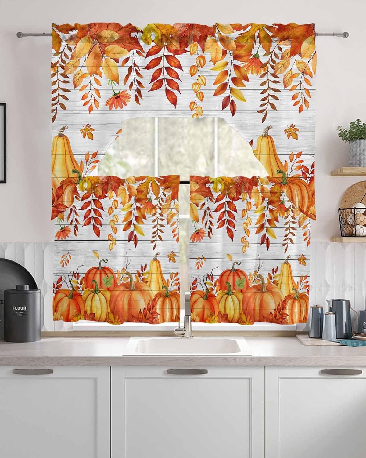 Orange Red Pumpkin Swag Curtains Valance and Tier Set,Rod Pocket Curtain Drapes for Bedroom Bathroom Over Sink Kitchen Curtains 3 Piece Set Thanksgiving Wooden Maple Leaf Swag Valances 24 inches Tiers