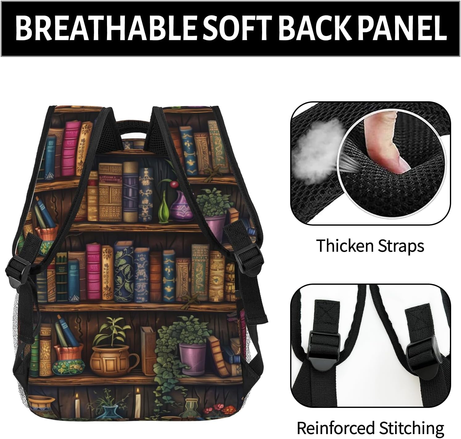 Vintage Bookshelf Backpack, Travel Backpacks Laptop Rucksack for Women, School Bookbag for Kids Girls Boys Teens, Cute Library & Books Back Pack Accessories Bag for Work, Ideal Gifts for Book Lovers