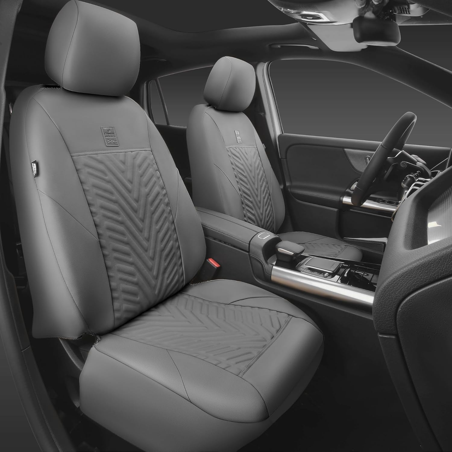 CAR PASS Faux Leather Car Seat Covers, 3D Tyre Embossed Waterproof Universal Fit 5 Seat Covers for SUV, Automotive Truck, Scratch Proof, Airbag Compatible (Deluxe Full Set, All Gray)