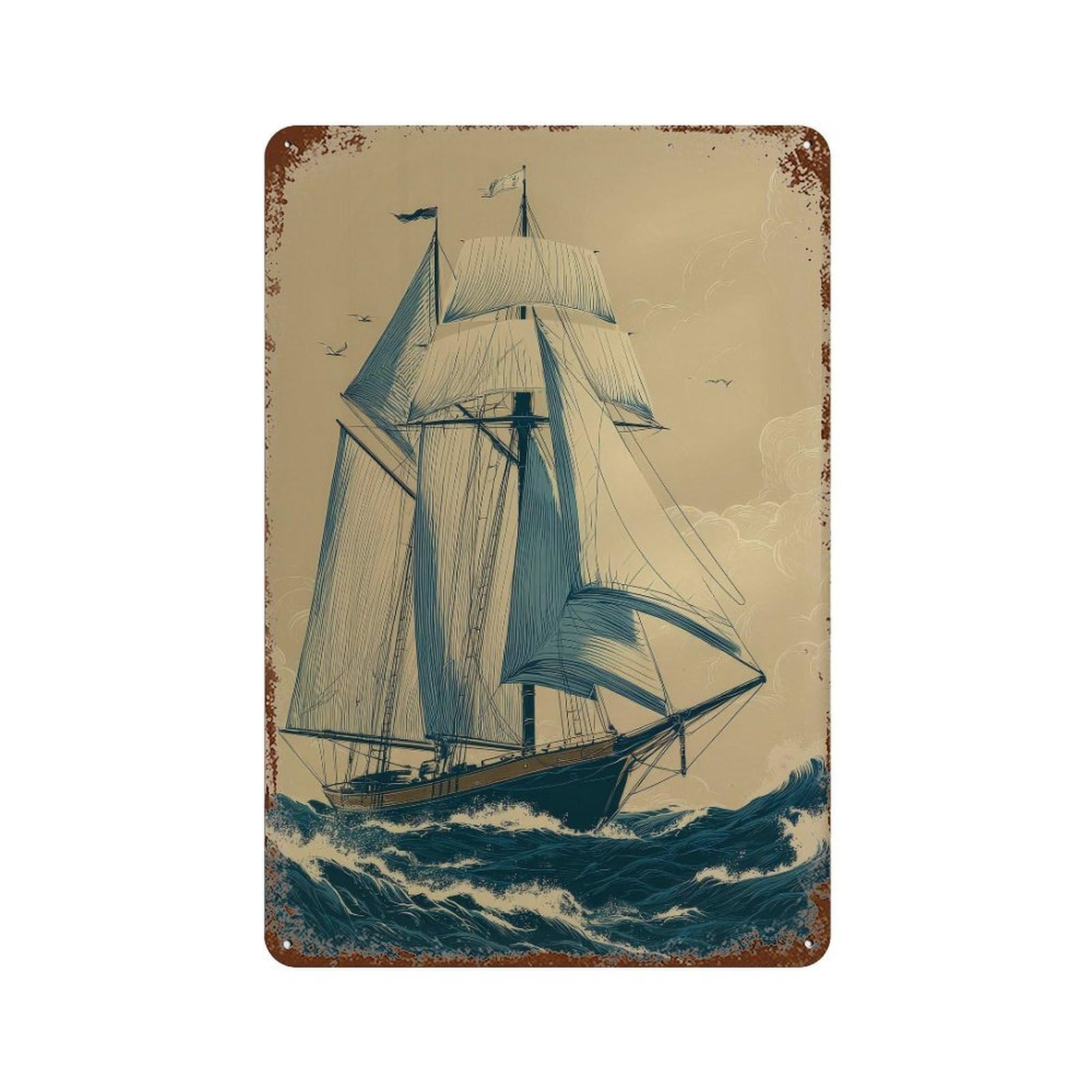 xiaoxiaoshen Sailing Ship. Nautical Illustration Marine Wall Decor Art Metal Tin Poster Modern Home Decor Art Home Bar Shop Decorations Vintage Sign 30x20cm