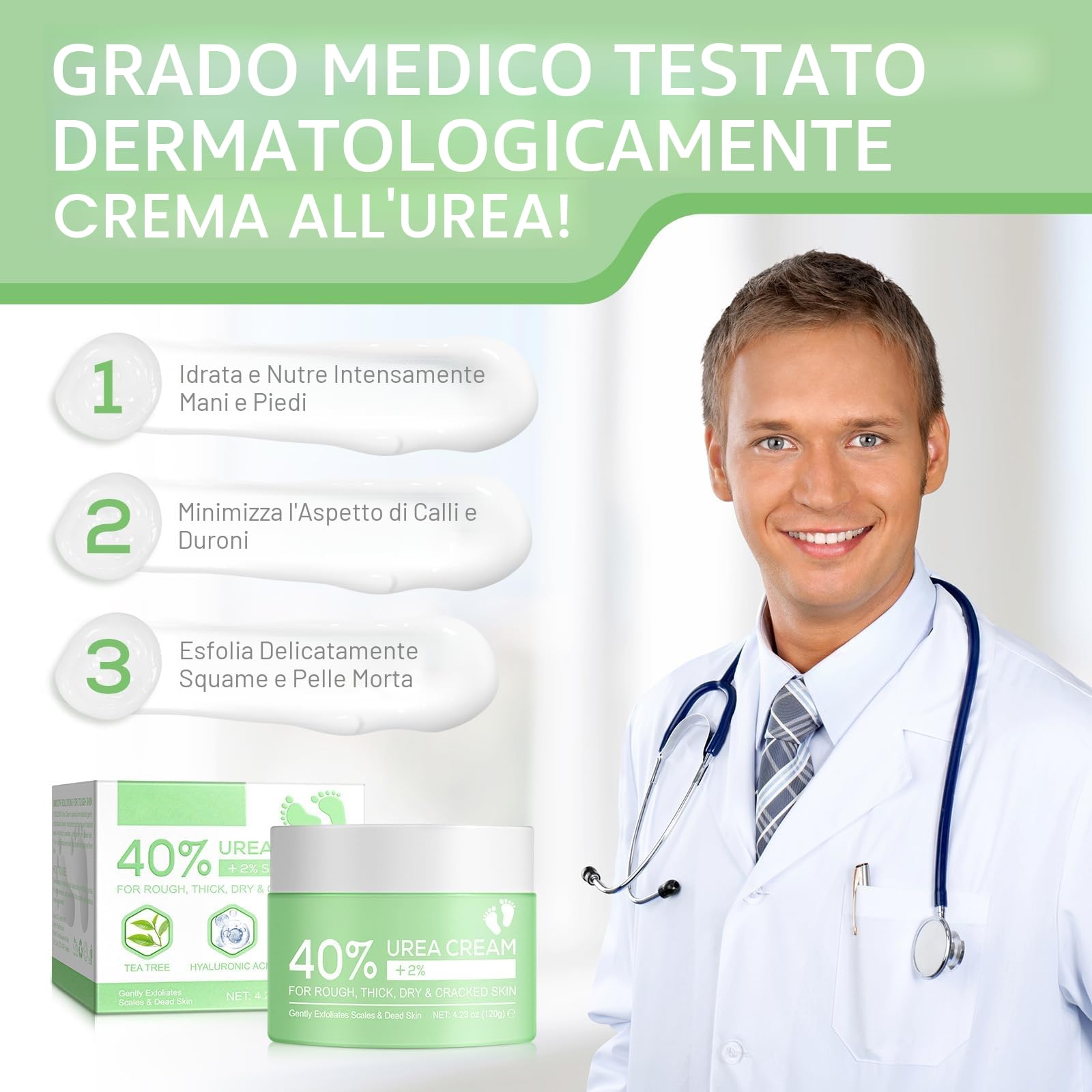 Crema Urea, Urea Crema al 40%, con Acido Ssalicilico al 2% e Acido Ialuronico, Melaleuca e Aloe Vera per Un'idratazione Profonda, per Piedi, Mani, Talloni, Gomiti, Unghie e Ginocchia