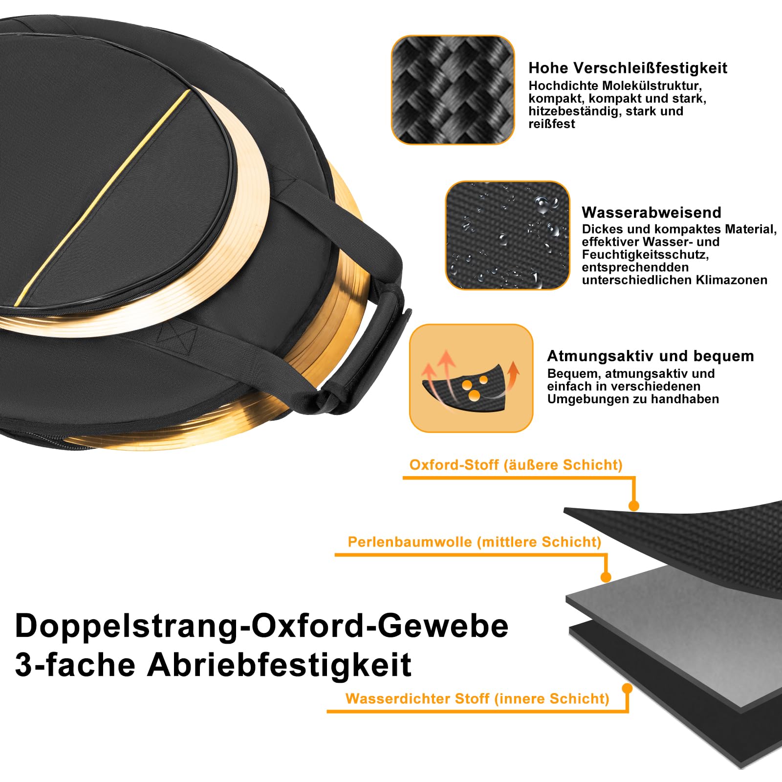 OUUTMEE Bolsa para platillos de 22" 600D impermeable, tejido Oxford Cymbalbag con divisor acolchado, espacio para 5 Raobao, bolsillo exterior de 15 pulgadas, con asa cómoda, color negro