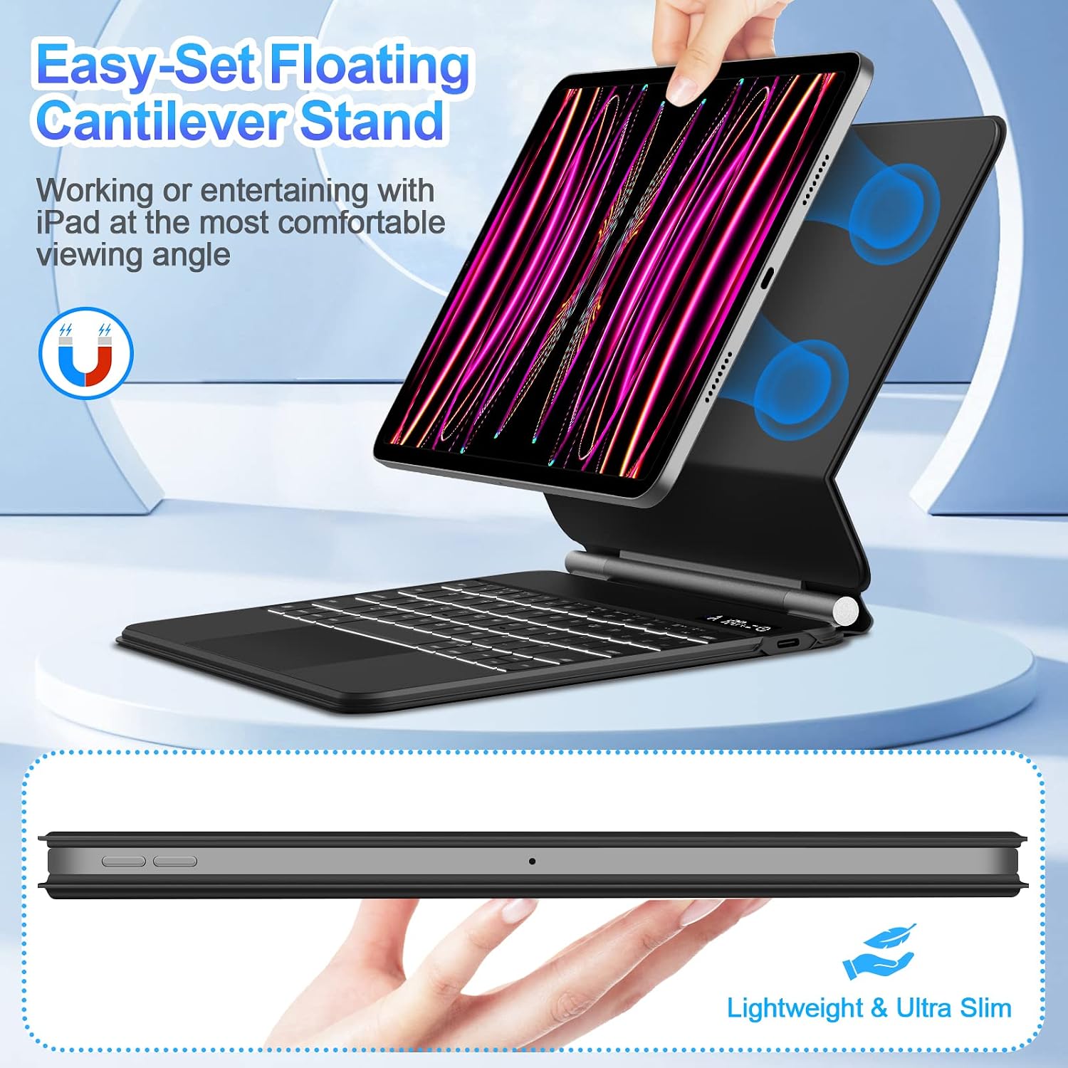 Bettdow Capa de Teclado para iPad Air 13 Polegadas 2024 M2, iPad Pro 12,9 Polegadas (6ª/5ª/4ª/3ª), Trackpad Click-Anywhere com Tela LCD e Teclado Bluetooth com Retroiluminação de 7 Cores,Branco