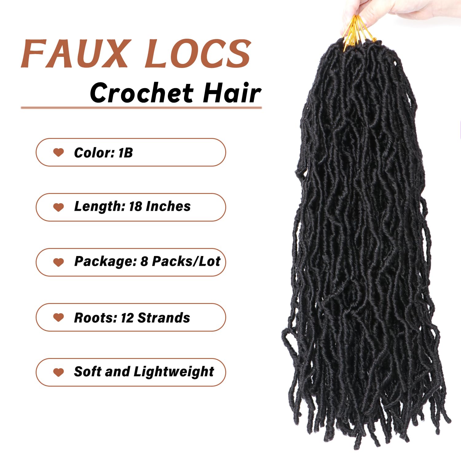 8 Packs Faux Locs Crochet Hair Extensions for Black Women Soft Locs Crochet Braids Hair Extensions (#1B, 18Inch (Pack of 8)) - Image 3