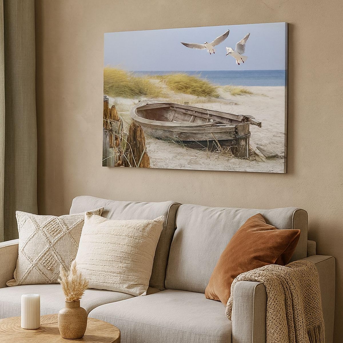 Bilder auf Leinwand 100x70cm Leinwandbild mit Rahmen Strand Möwen Łódź Groß Wanddeko Bild Schlafzimmer Küche Deko Wandbilder Dekoration Wohnzimmer Wall Decor Canvas Wand Kunstdruck Art AA100x70-4170