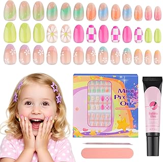 78 Stück Press-On-Nägel Für Kinder, TOROKOM Süße Künstliche Kindernägel Zum Aufkleben Kurze Mandelförmige Kunstnägel, Mit Nagelklebelasche Und Schnelltrocknendem Nagelkleber (3er-Pack, Blume)