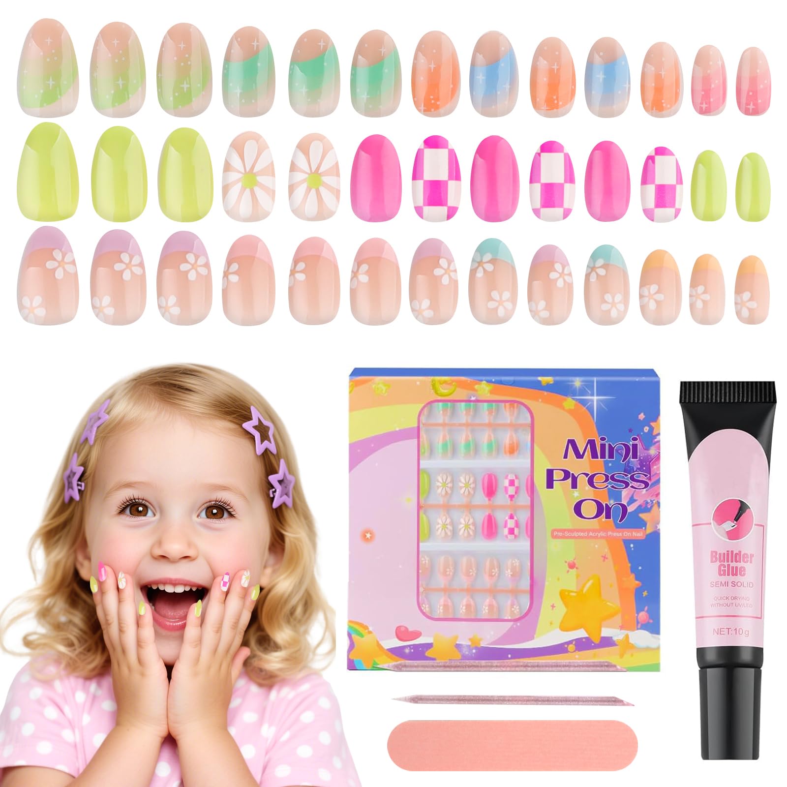 TOROKOM 78 Pieces Press on Nails, Fake Nail Kit Colourful Flower Stick on Nails for Girls Gift Age 8-12, Full Cover Short Acrylic Nails with Nail