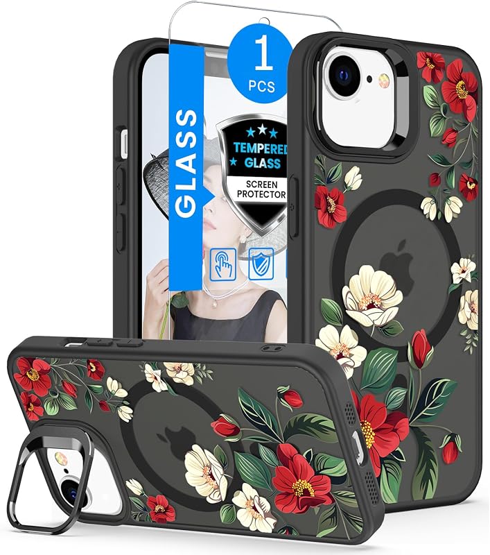 Dretal Magnetic Matte Floral Phone Case for iPhone 17e/iPhone 16e - Black | Built-in Lens Stand,Screen Protector,Compatible with MagSafe,Shockproof Women Girls Flower Pattern Cover for iPhone 17e/16e