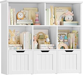 FOREHILL Kids Toy Storage Unit Childrens Bookcase Toy Organiser Kids Bookshelf, 5 Open Shelves, 3 Drawers with Wheels, for Nursery Playroom White 100x33x89.5cm