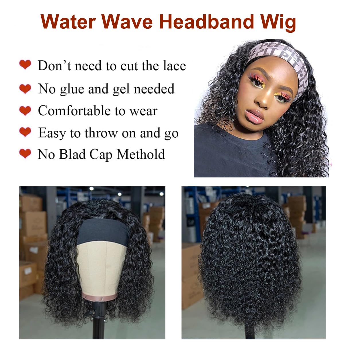 Short Headband Wigs for Black Women Water Wave Human Hair No Glue Curly Headband Wig Human Hair Curly Brazilian Virgin Hair 150% Density No Gel No Lace Wigs Natural Black Headband Wig (14inch)