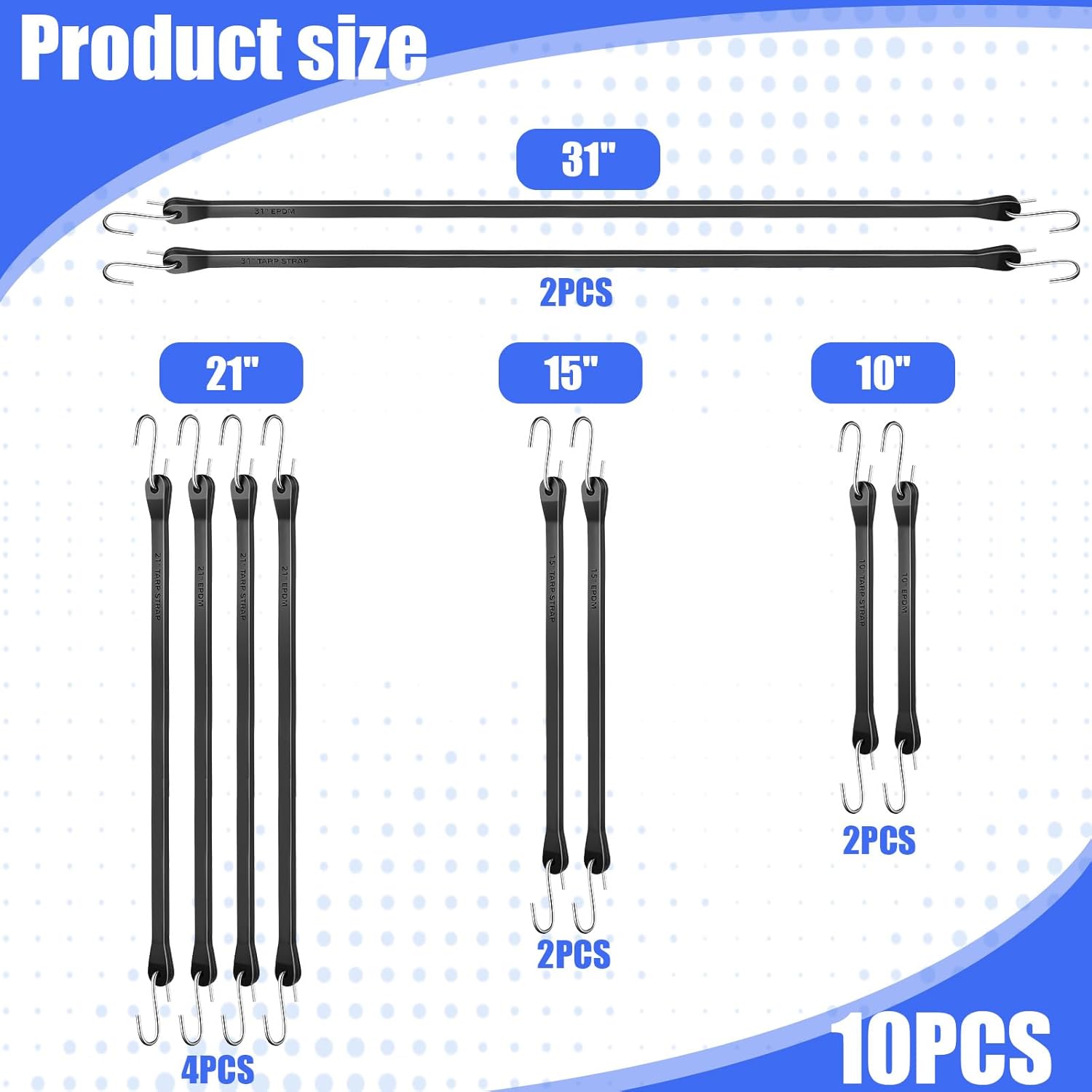 10 PCS Rubber Bungee Cords with Hooks with 1.8X Max Stretch & Over 176 lbs Load, 100% EPDM Rubber Heavy Duty Outdoor Rubbers Tarp Straps 10", 15", 21", 31" for Cargo, Bikes, Camping Gear