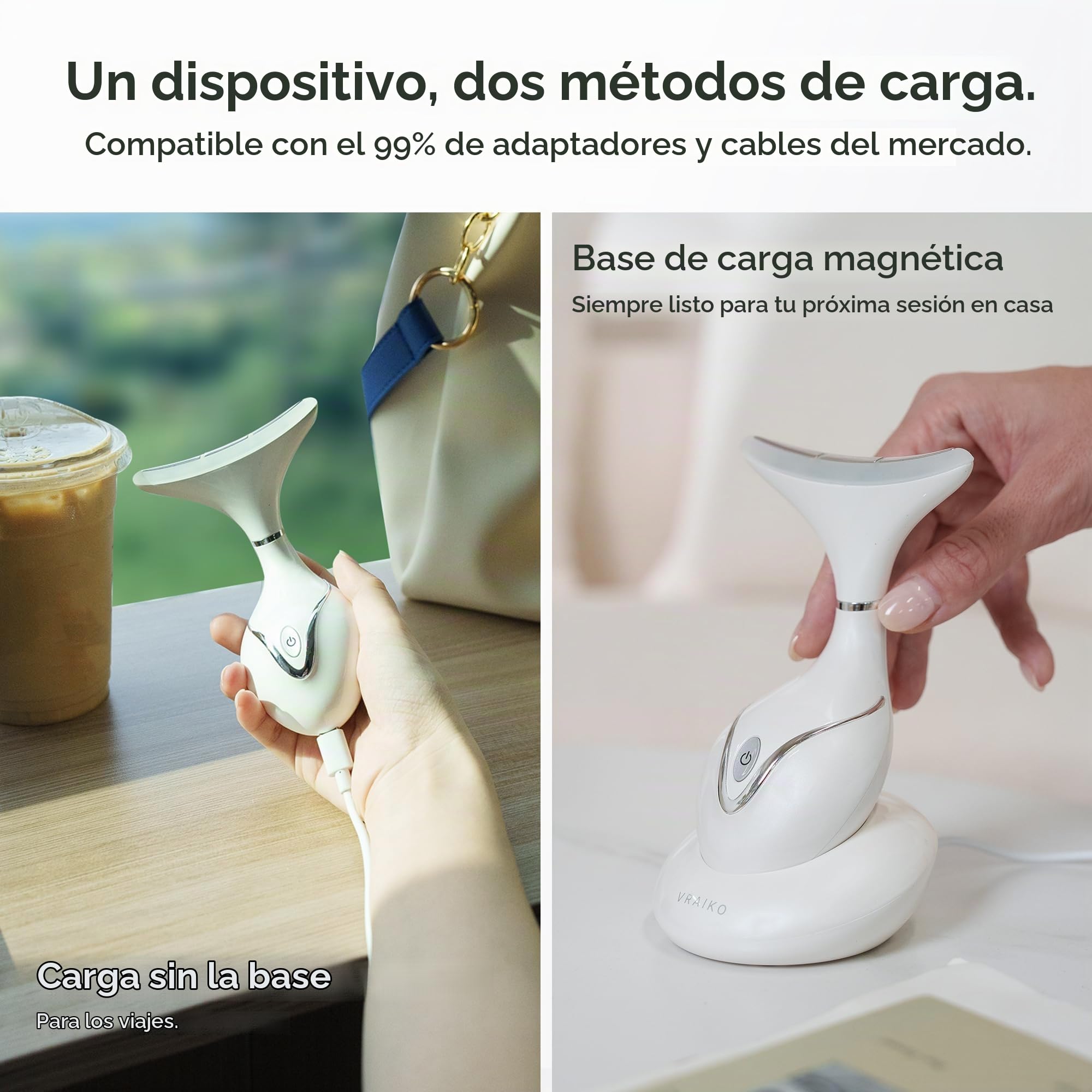 VRAIKO Iris Masajeador de Cuello y Cara, Herramienta de Esculpido Facial con Base de Carga, Masaje Microcorriente para Elevación, LEDs Triple-Acción y Calor para Mejor Absorción (Blanco)