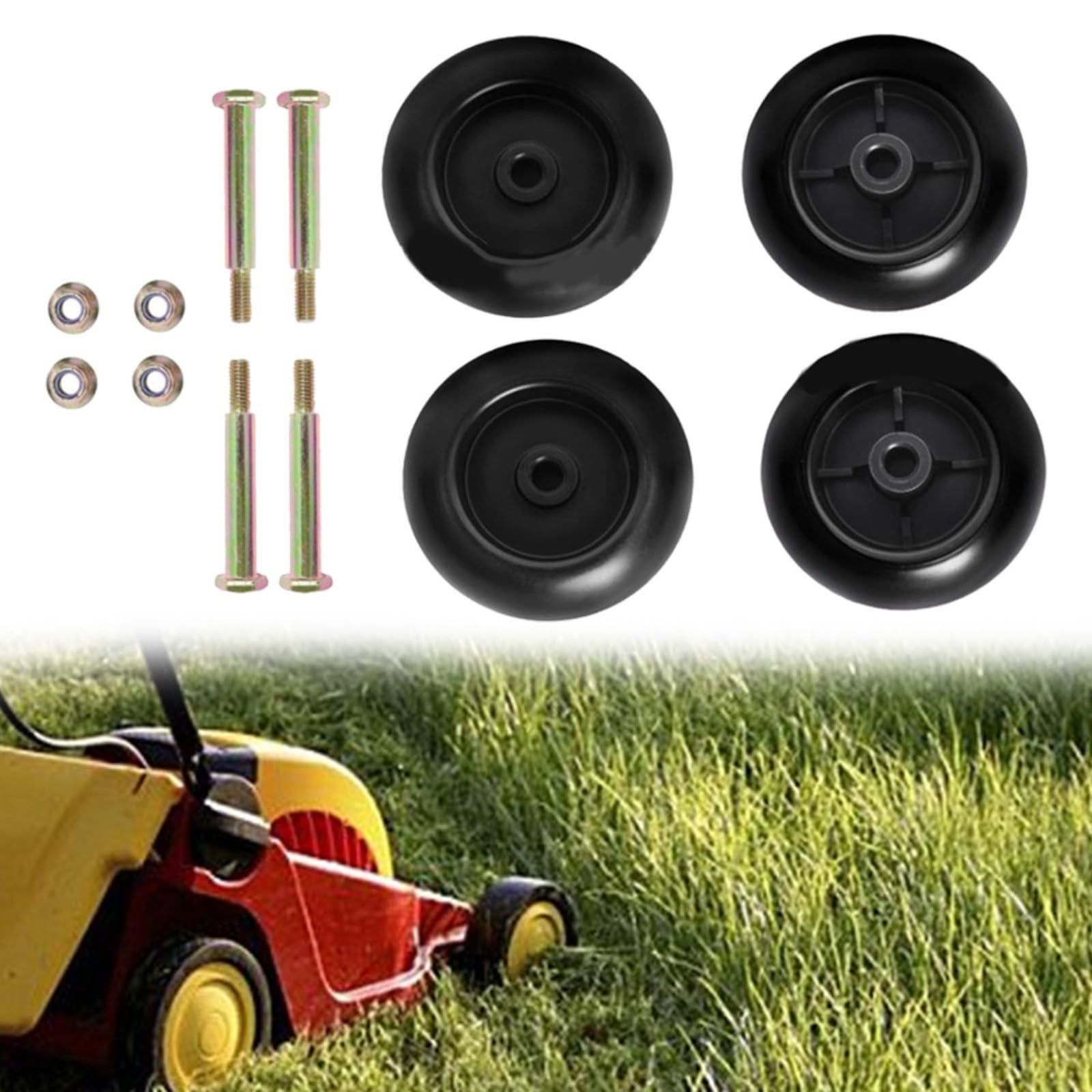 Kit de 4 ruedas para cortacésped con pernos y tuercas, construcción de plástico negro, maniobrabilidad suave, se adapta a tamaños de 42 a 54 pulgadas, compatible con 532133957, 174873, 734