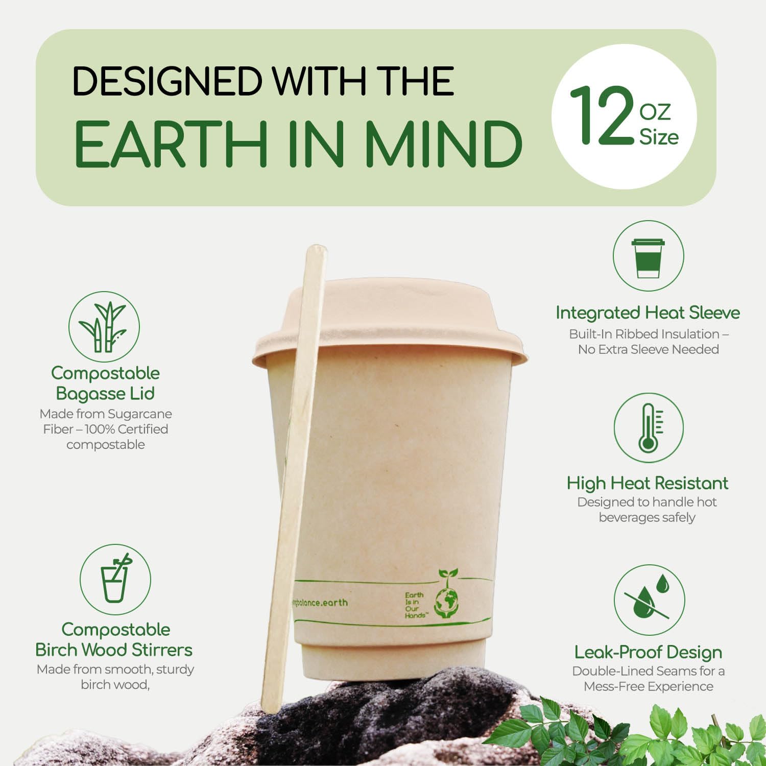 Vasos Desechables de Café Compostables con Agitadores, Mangas Integradas y Tapas de Bagazo. Certificado Biodegradable | [75 Unidades – 12 Onzas]