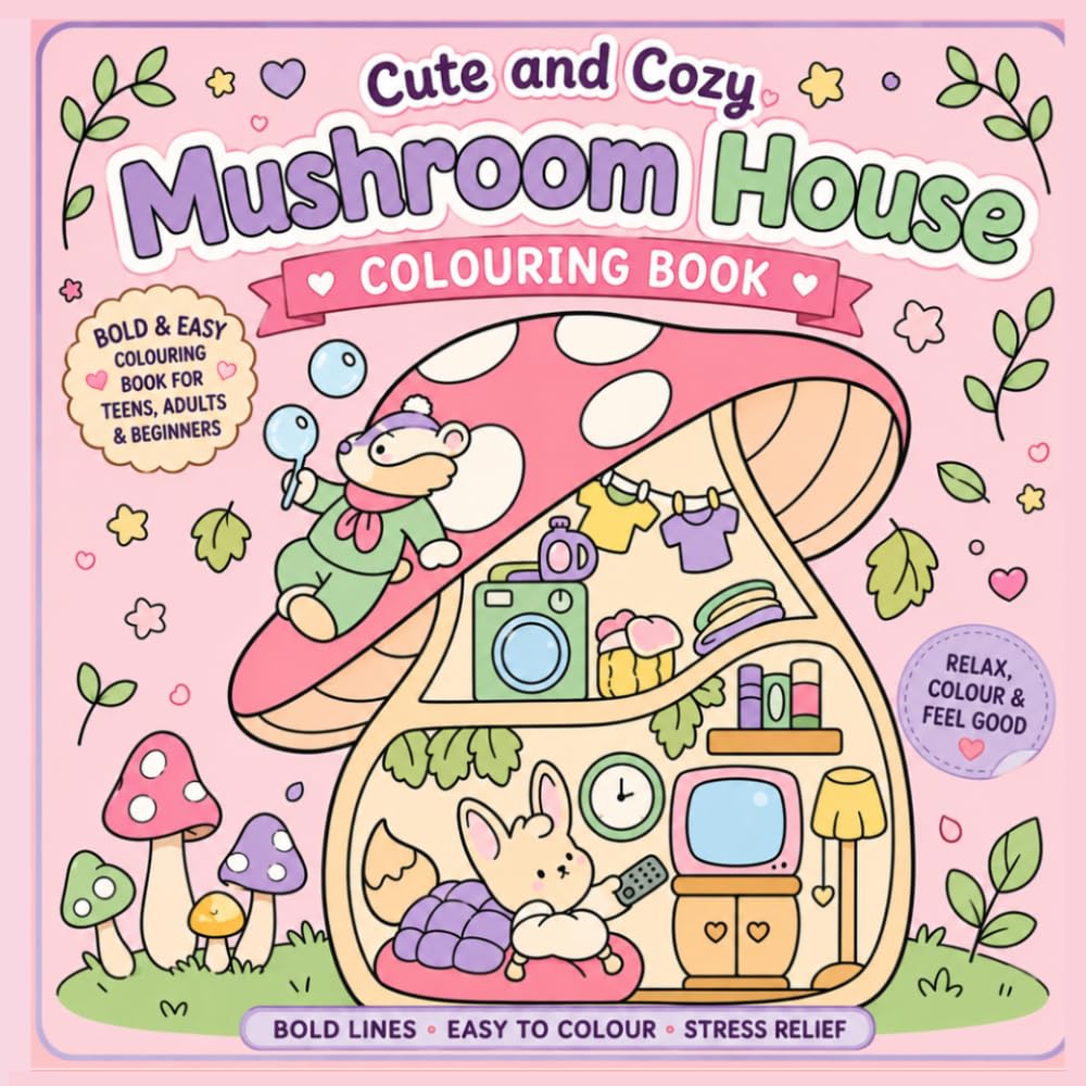 Cute and Cozy Mushroom House: Bold and easy colouring book for teens, adults and beginner