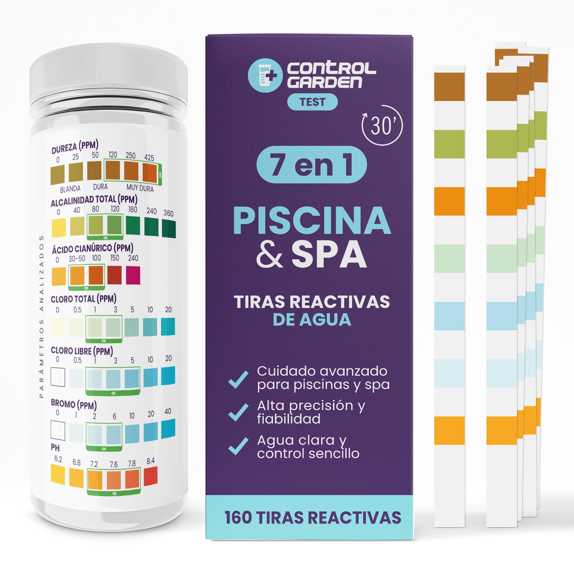 Control Garden Lot de 160 bandes pH réactives 7 en 1 | Test piscine et spa | Testeur de pH, chlore libre et total, brome, alcalinité, dureté, acide cyanurique, eau de bain, analyse 30 s, contrôle