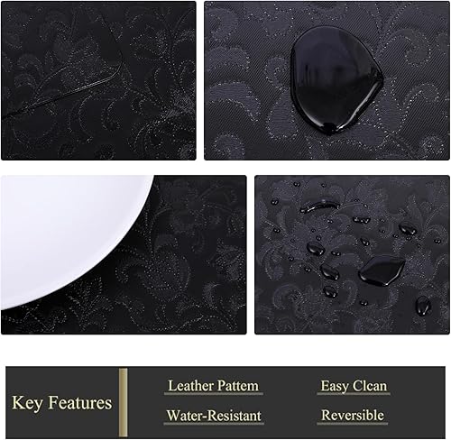 Miniatura 3 de Juego de 6 manteles individuales negros para mesa de comedor, de piel sintética, a la moda, con estampado de flores, ligeros, lavables, resistentes