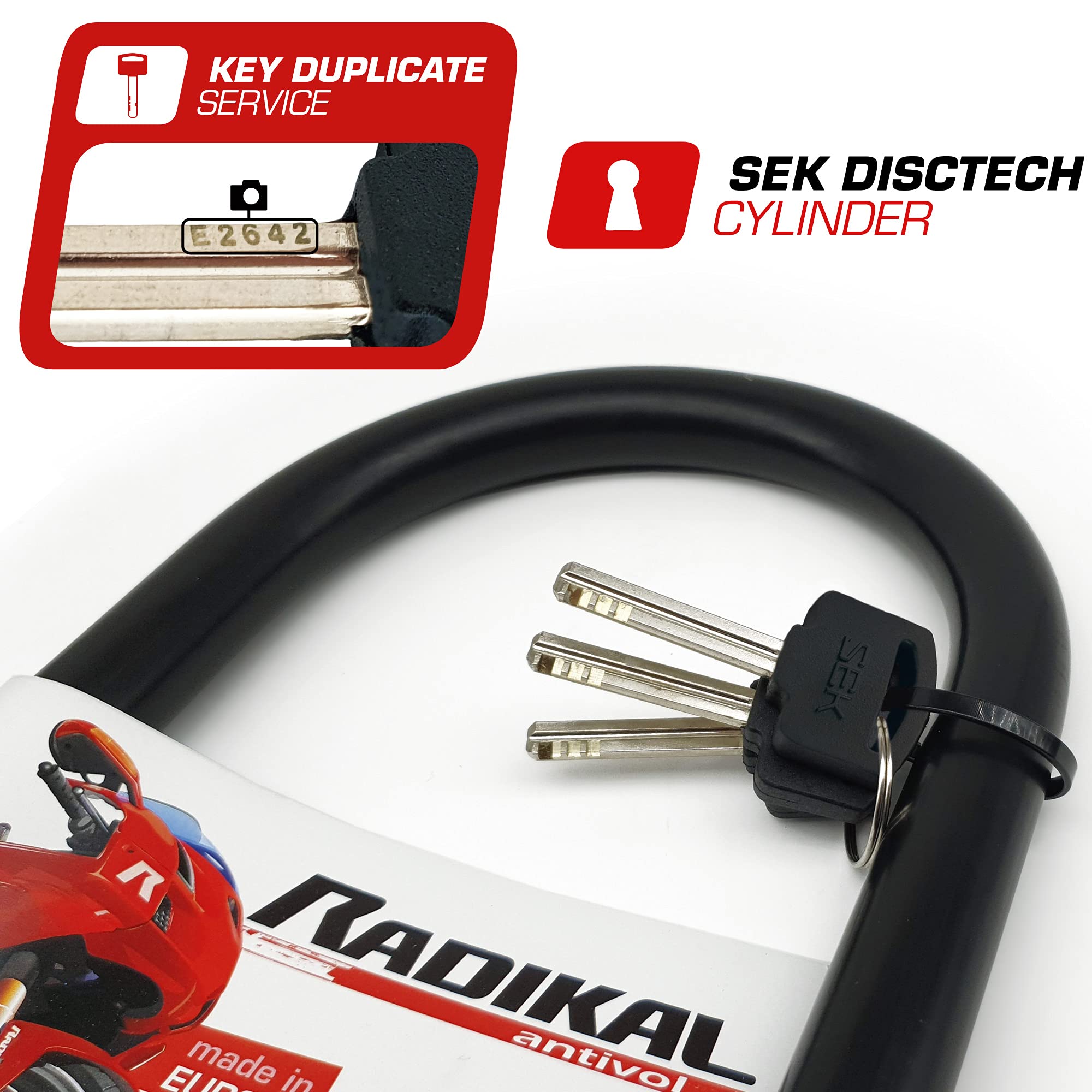 RADIKAL RK120R+RK10120L Antivol U Moto Homologué SRA + Chaine en Acier Cémenté 120cm Plus Long avec Système de Boucle, Fourche en Acier Trempé ø18mm, Cadenas en U pour Scooter, Velo Electrique