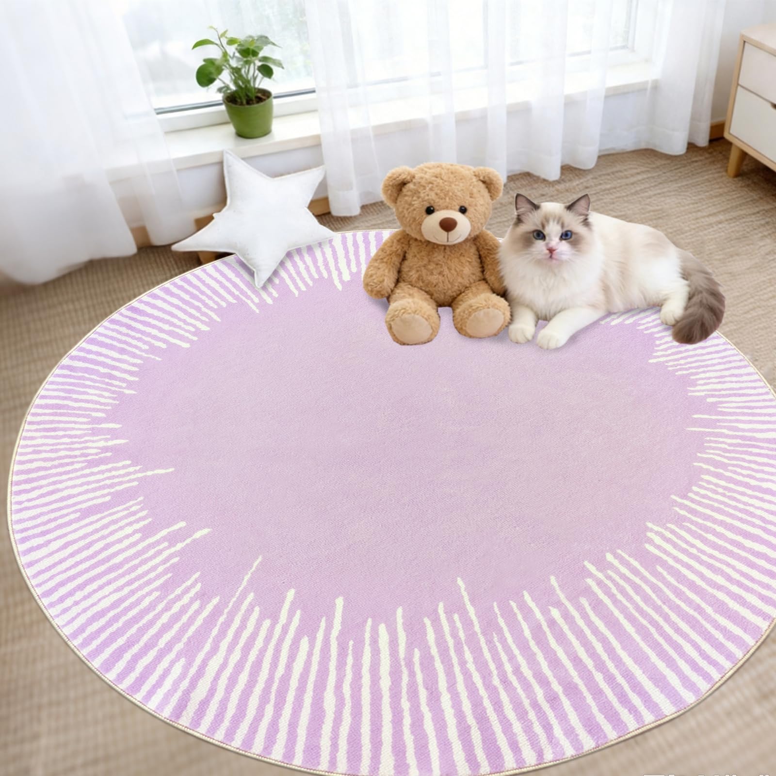 Kinderteppich, 122 cm, rund, modern, abstrakt, Cartoon-Sonnenschein Teppich, rutschfest, Schlafzimmer-Teppich für Kinderzimmer, Mädchenzimmer, Sonne, Bodenmatte, Überwurfteppich für