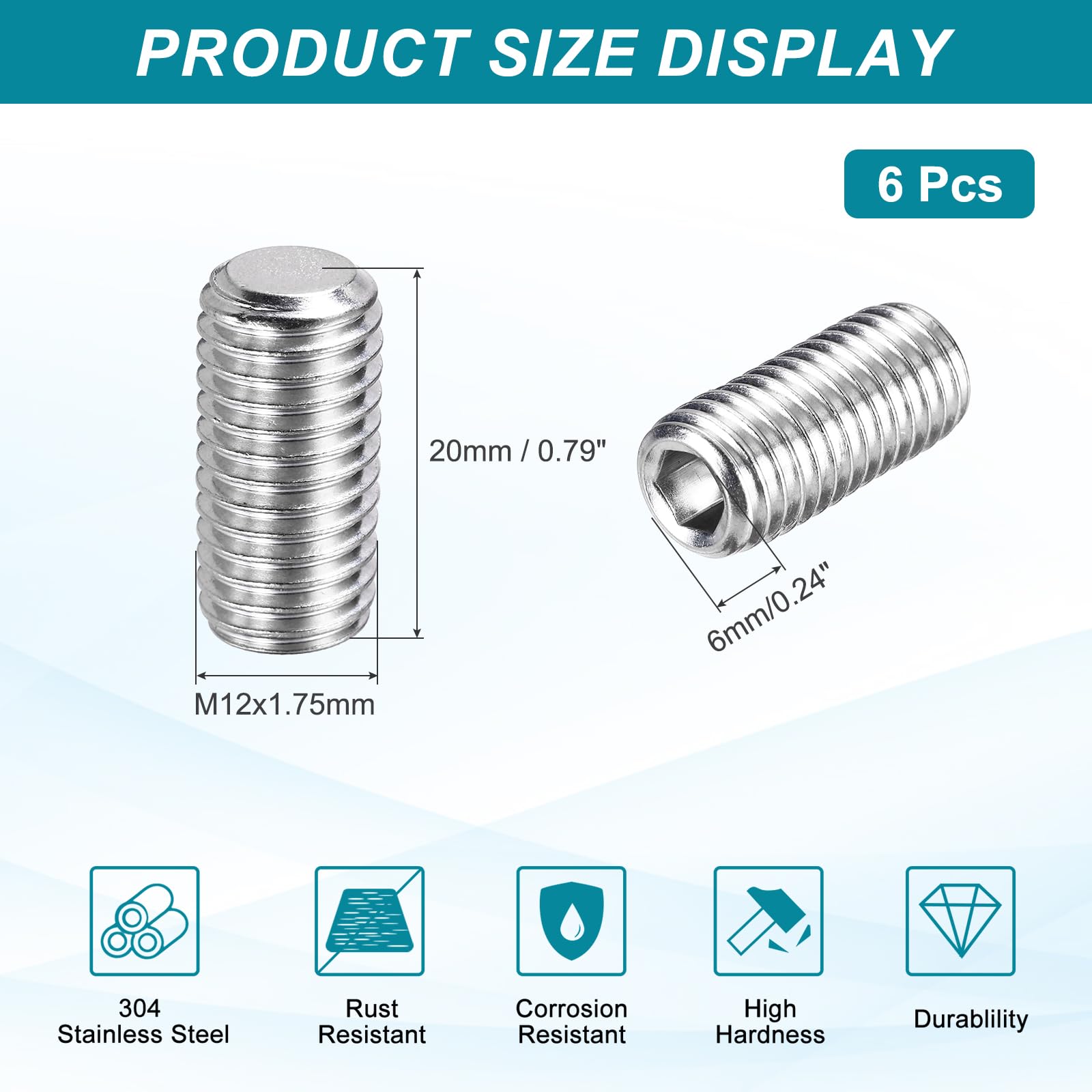 QUARKZMAN 6 Pcs Viti Senza Testa M12-1.75 X 20mm, 304 Acciaio Inossidabile A Punta Tazza Con Testa A Brugola Guida Esagonale Interna Per Riparazioni Arredamenti Bagno Progetti Fai Da Te