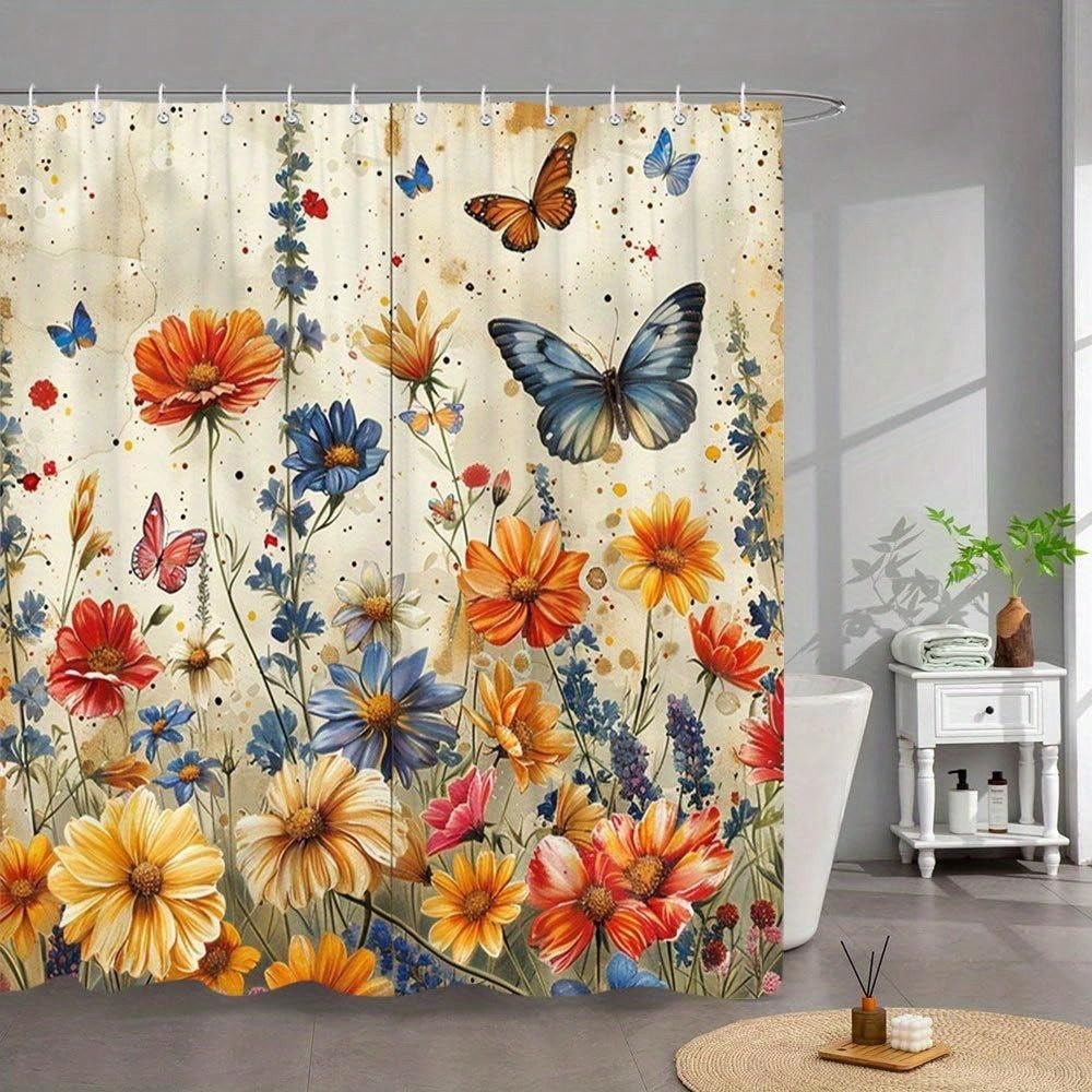 Duschvorhang mit Schmetterlingsmotiv, farbenfrohes Gartenblumen-Naturdesign, Hänge-Duschvorhang-Set für Badewanne (300 x 180 cm / 118 x 71 Zoll (B x H))