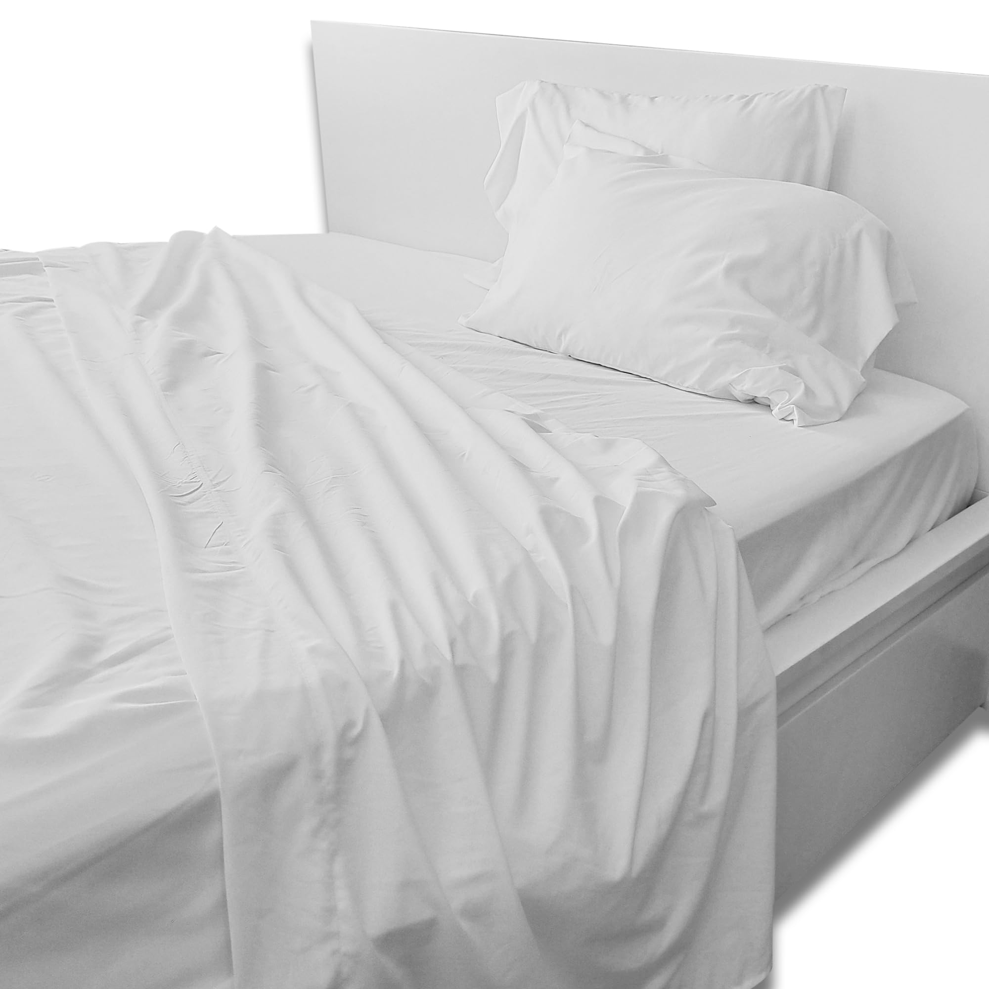 FOCARIS HOME Juego de sabanas 150 x 190 Set Completo 4 Piezas Poliéster Microfibra Blancas sabanas 150 x 190 Incluye Sabana Bajera Ajustable + Sabana encimera+ 2X Fundas Almohada – Packaging Regalo