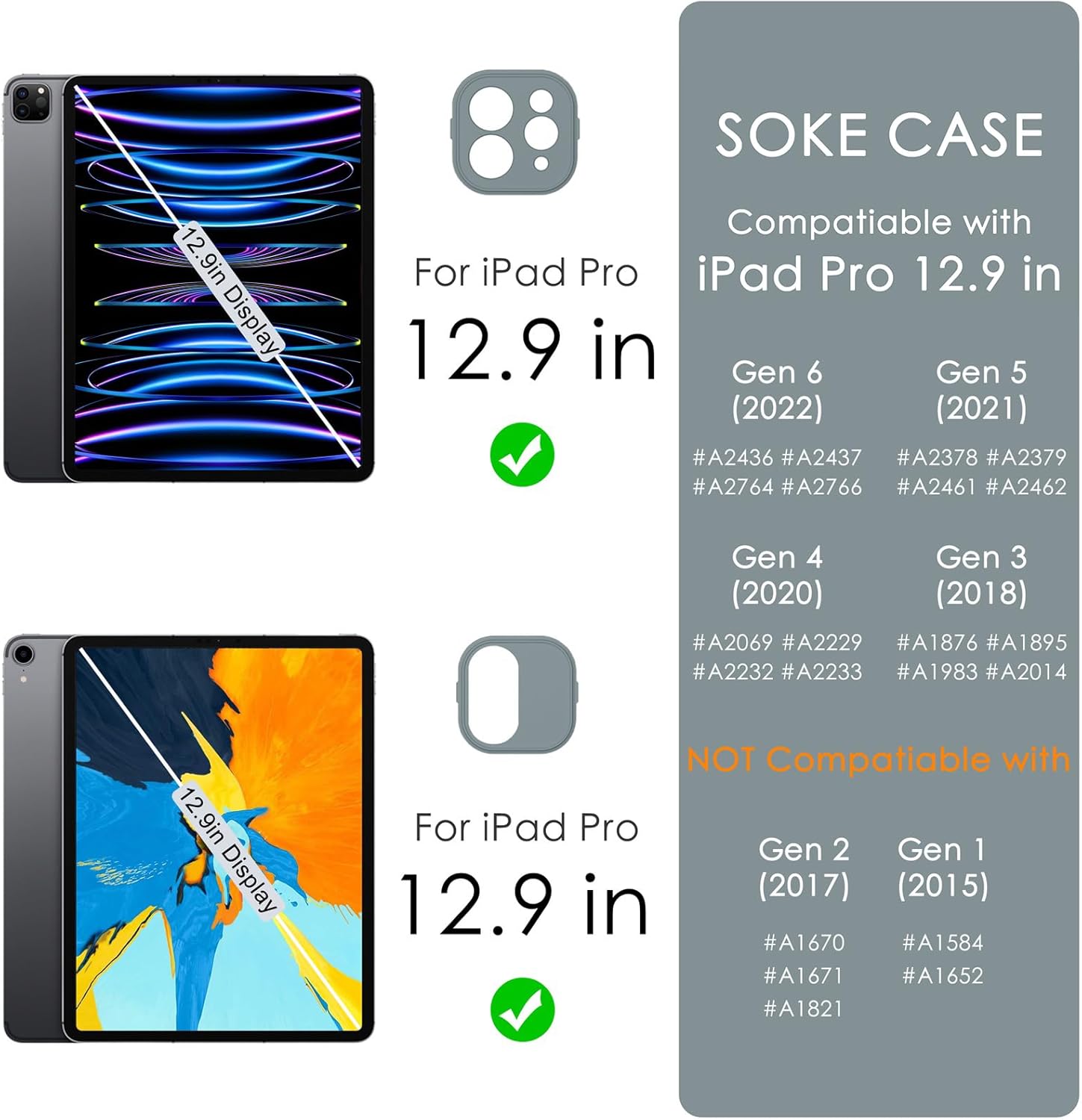 Soke Case for iPad Pro 12.9 Inch (6th/5th/4th/3rd Generation, 2022/2021/2020/2018) - Pencil Holder + Auto Sleep/Wake + Camera Protection, Transparent Shockproof Back Cover, Gray