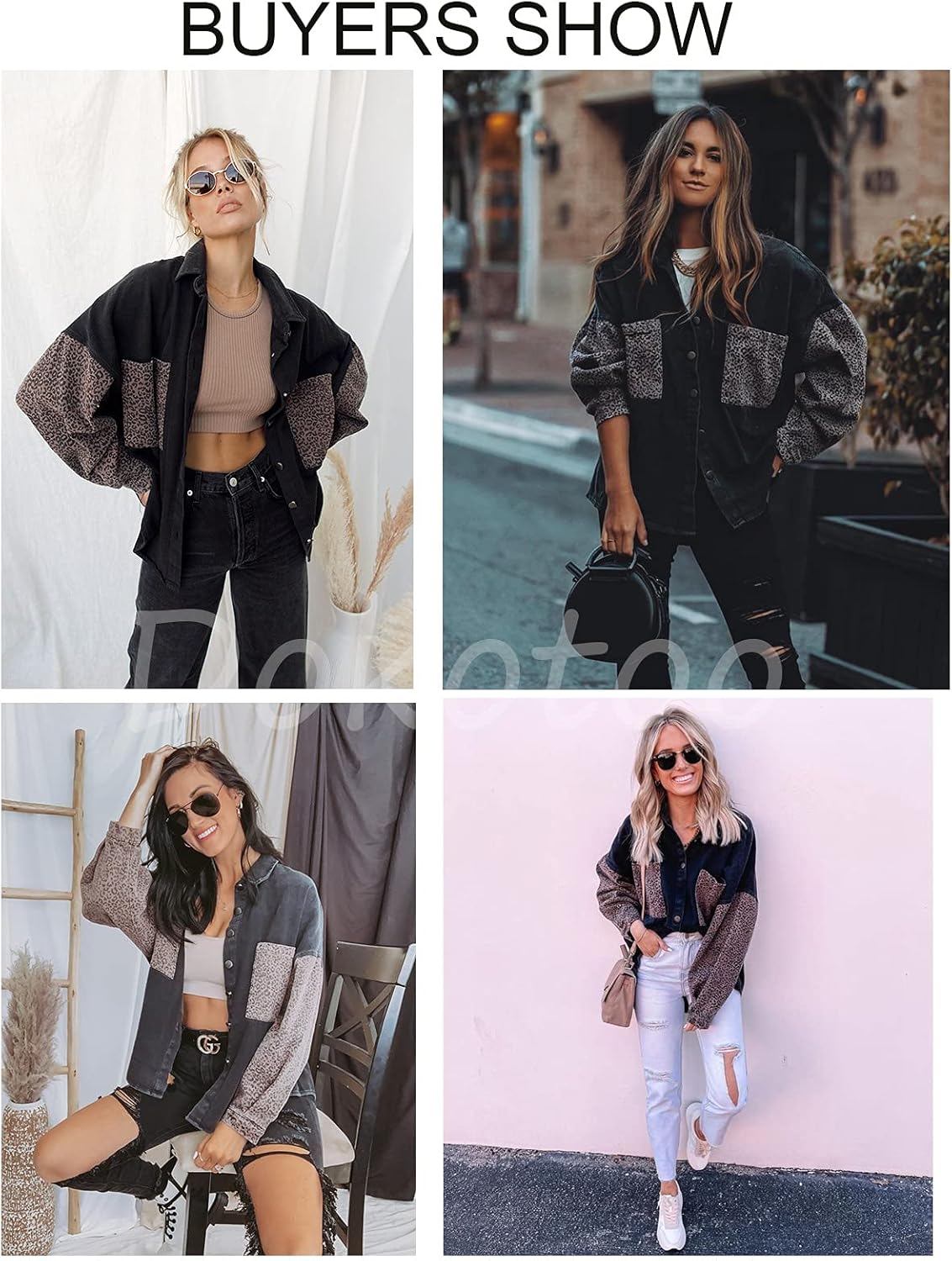 Dokotoo Womens Contrast Leopard Denim Jacket Long Sleeve Button Down Shirts Boyfriend Oversized Blouses Tops at  Women’s Clothing store