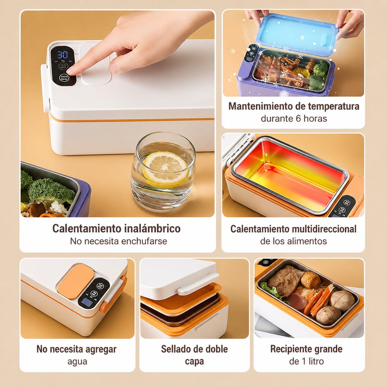 Fiambrera Eléctrica Inalámbrica con Batería 12000mAh 1L, Calentador de Comida Portátil Sin Cable, Taper Eléctrico con Acero Inoxidable, Pantalla y Temporizador, para Trabajo, Oficina, Coche, Camping