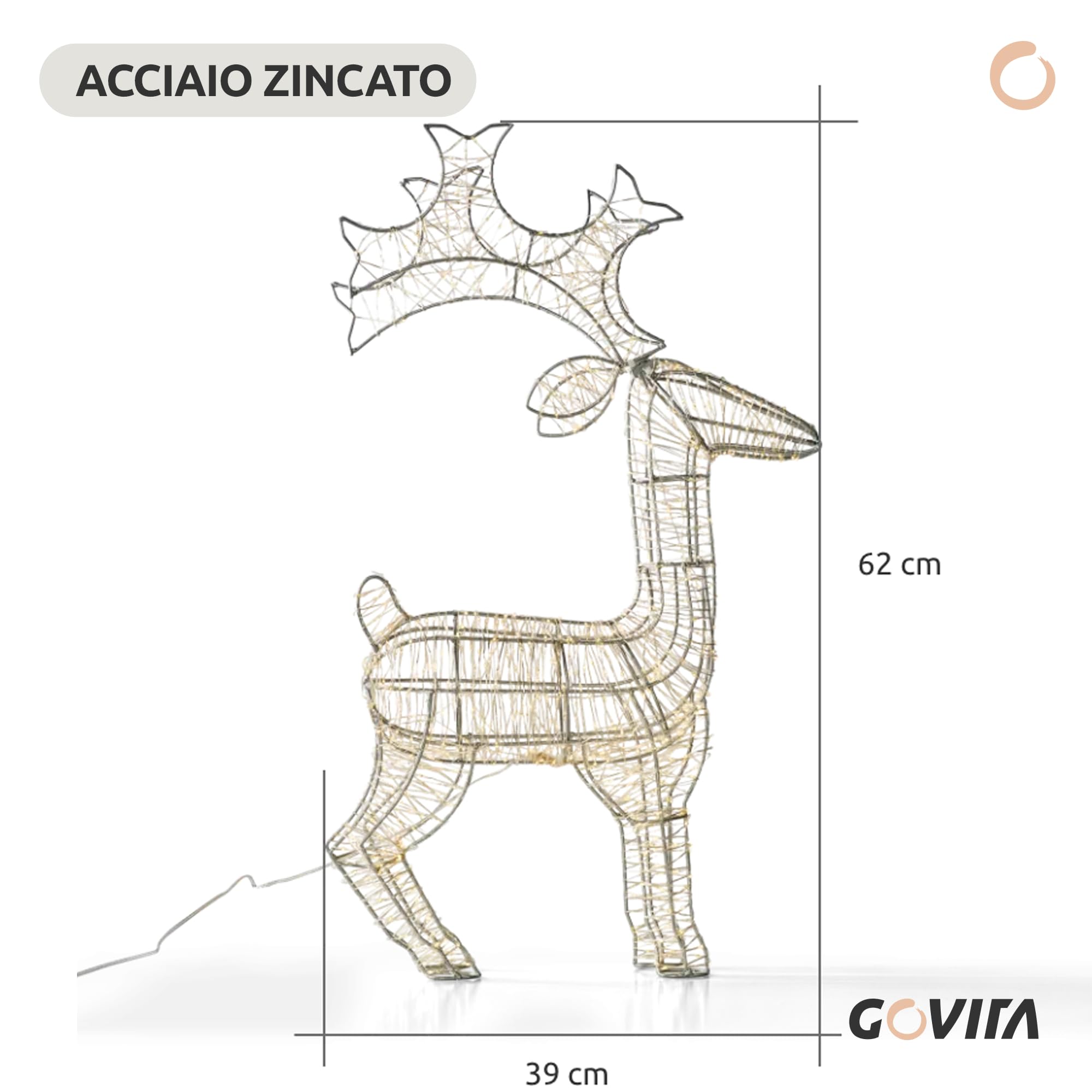 GOVITA Renna Natalizia Luminosa 3D con MicroLED, Struttura in Acciaio Zincato, Impermeabile per Esterno/Interno, Luce Bianco Caldo, Addobbo Natale per Giardino e Casa, Modello Senza Slitta
