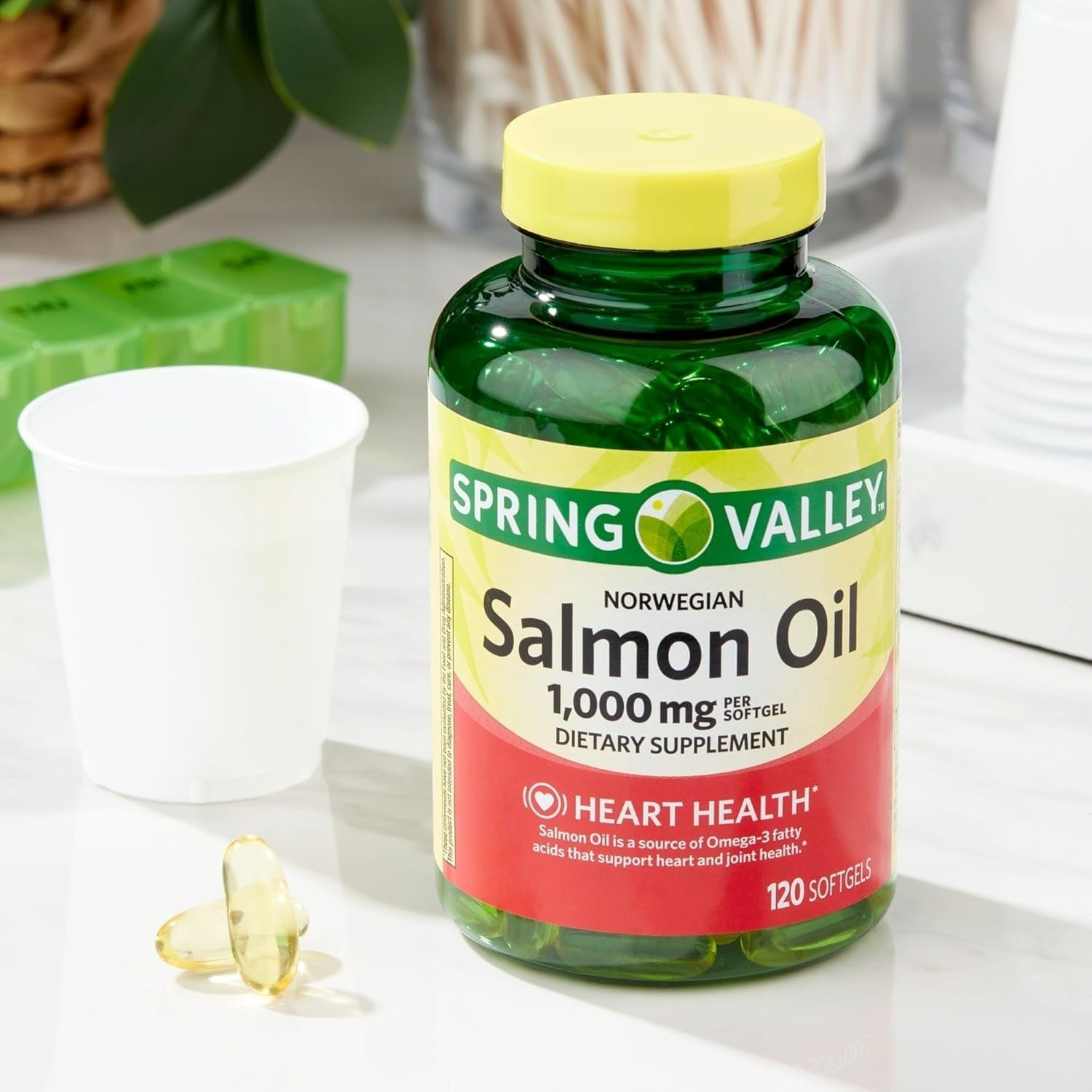 M&F Essential Pill Organizer with Norwegian Salmon Oil 1000mg, Heart & Cardiovascular Health Omega-3 Supplement, 120 Softgels by Spring Valley