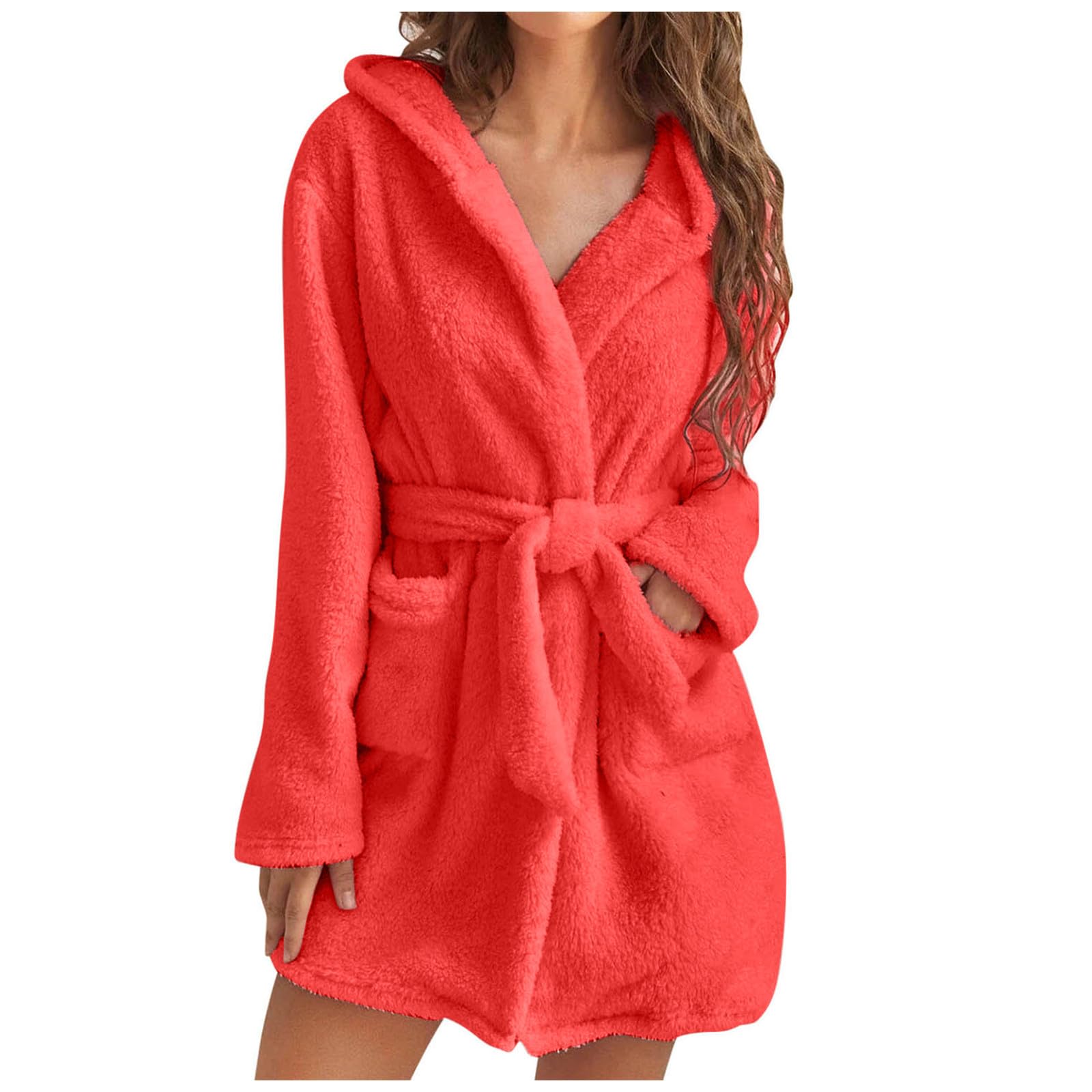 Bata de Baño Roja Lisa para Mujer, Cómoda y Suave Bata de Franela de Manga Larga con Capucha, Acogedora y Esponjosa, Cálida y con Bolsillos para El Invierno.