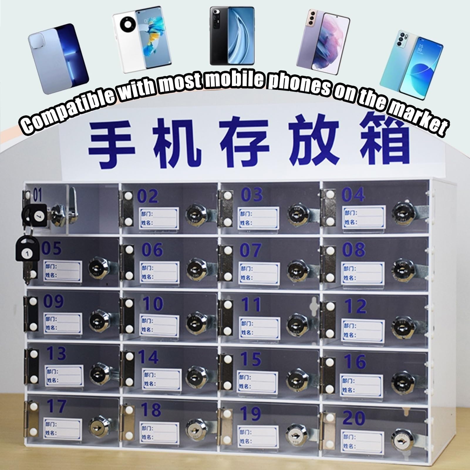 Caja Fuerte acrílica para teléfonos móviles con 20 Compartimentos, Ideal para aulas, oficinas, talleres y Personal (A)
