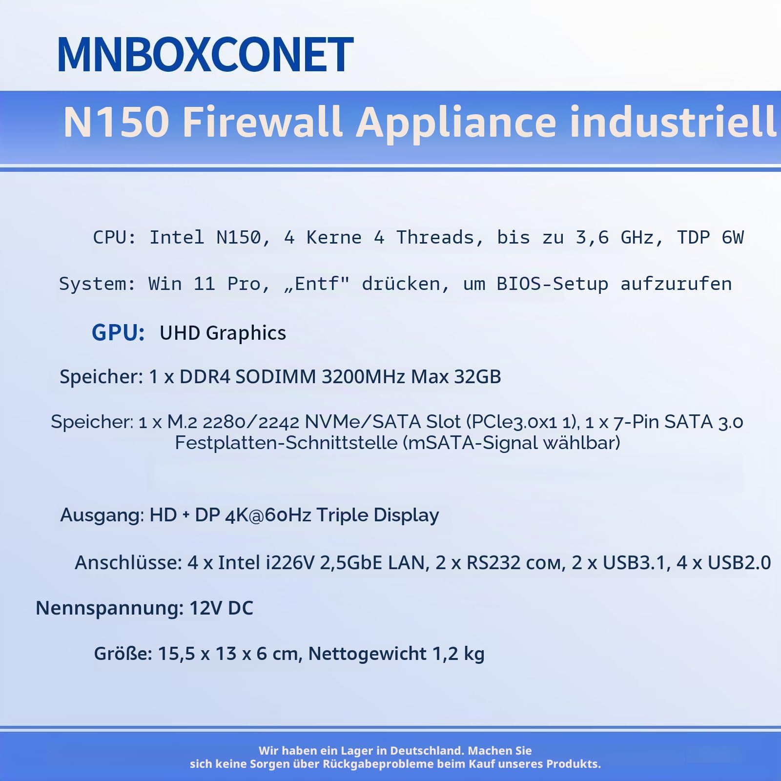 Lüfterlos Mini PC N150 Firewall Appliance Industrial Micro Büro, 4 x 2.5Gbit LAN + 2 RS232 Com, Barebone No Ram No SSD, 6USB, Router/Home Computer Hardware, HD DP Dual Dispaly