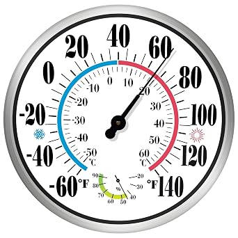 12 Inch Indoor Outdoor Thermometer - Weatherproof Outdoor Thermometers for Patio Large Numbers, Battery Free Auto Calibrate Thermometer Hygrometer with Stainless Steel Enclosure
