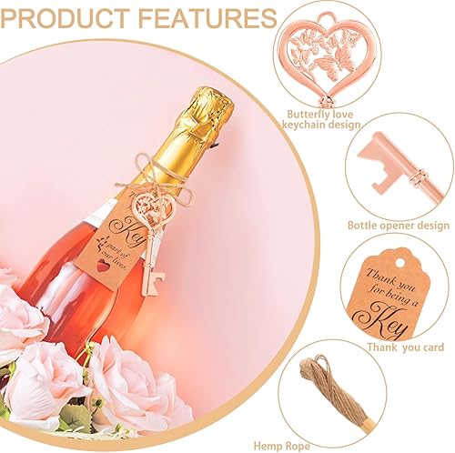 Miniatura 3 de 50 abridores de botellas con llave de mariposa, recuerdos de fiesta de boda, diseño de esqueleto vintage de mariposa de oro rosa con tarjetas de