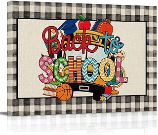 Canvas Printed Wall Art,Bus Book Globe Basketball Linen Oil Painting Prints Framed Picture,Back to School Season Painted Artwork for Home Bedroom Living Room Decor,24x16in