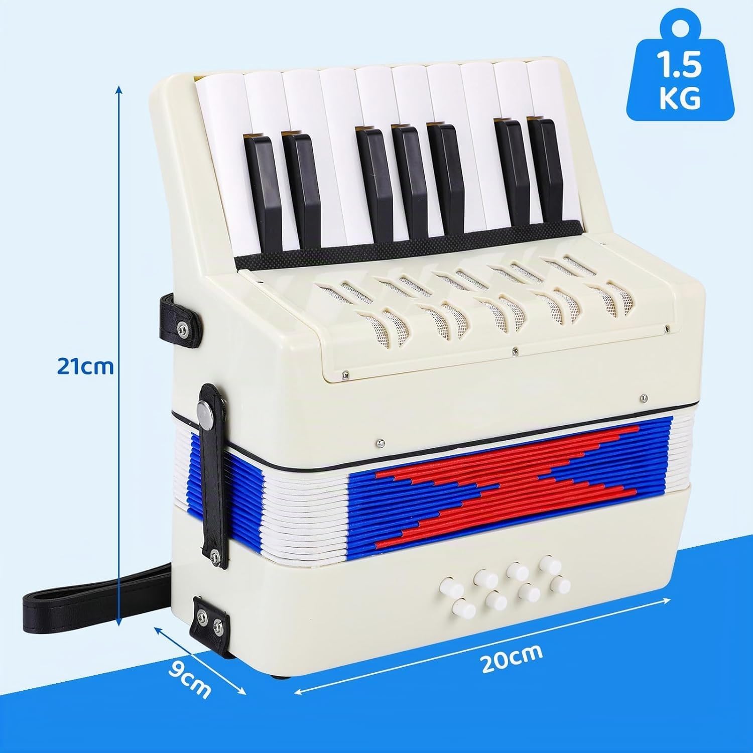 Acordeón Infantil,17 Teclas 8 Bajos Acordeón de Piano,Concertina Instrumentos Musical para niños con Correas Ajustables,Acordeón Juguete Instrumento Musical Adultos y Niños de más de 3 años (Blanco)