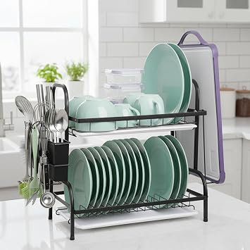 2 Tier Dish Drying Racks with Drainboard,Large Capacity Stainless Steel Dish Racks for Kitchen Counter,Kitchen Sink Organizer for Dishes,Utensils& Fork Knives,Cutting Boards Storage