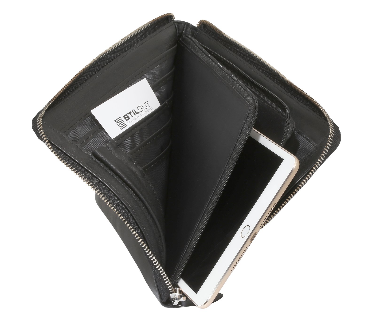 STILGUT Business Mappe, Schultertasche und Organizer aus echtem Leder für Tablets (8.0"), Schwarz Nappa