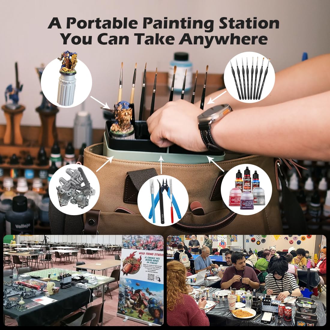 Station de peinture modulaire portable tout-en-un avec nettoyeur de pinceaux et supports, plateau de palette de peinture humide avec couvercle pour peinture miniature et peintures acryliques