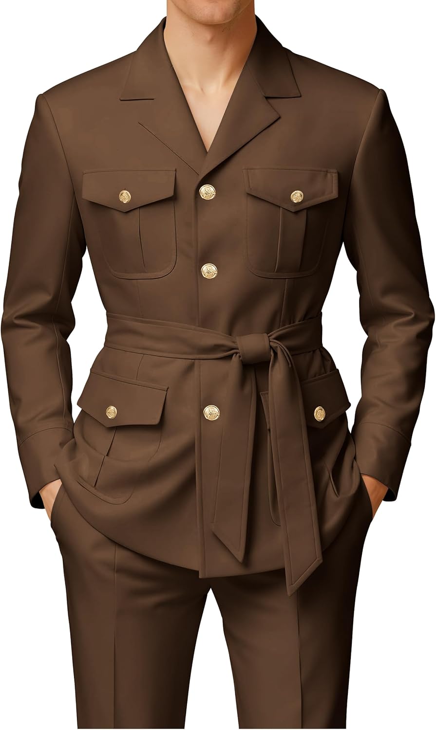 Wangyue 2 Piece Safari Suits for Men Slim Fit Men's Chinese Suit Single Breasted Vintage Suit Multi-Pocket Blazer Pants Set