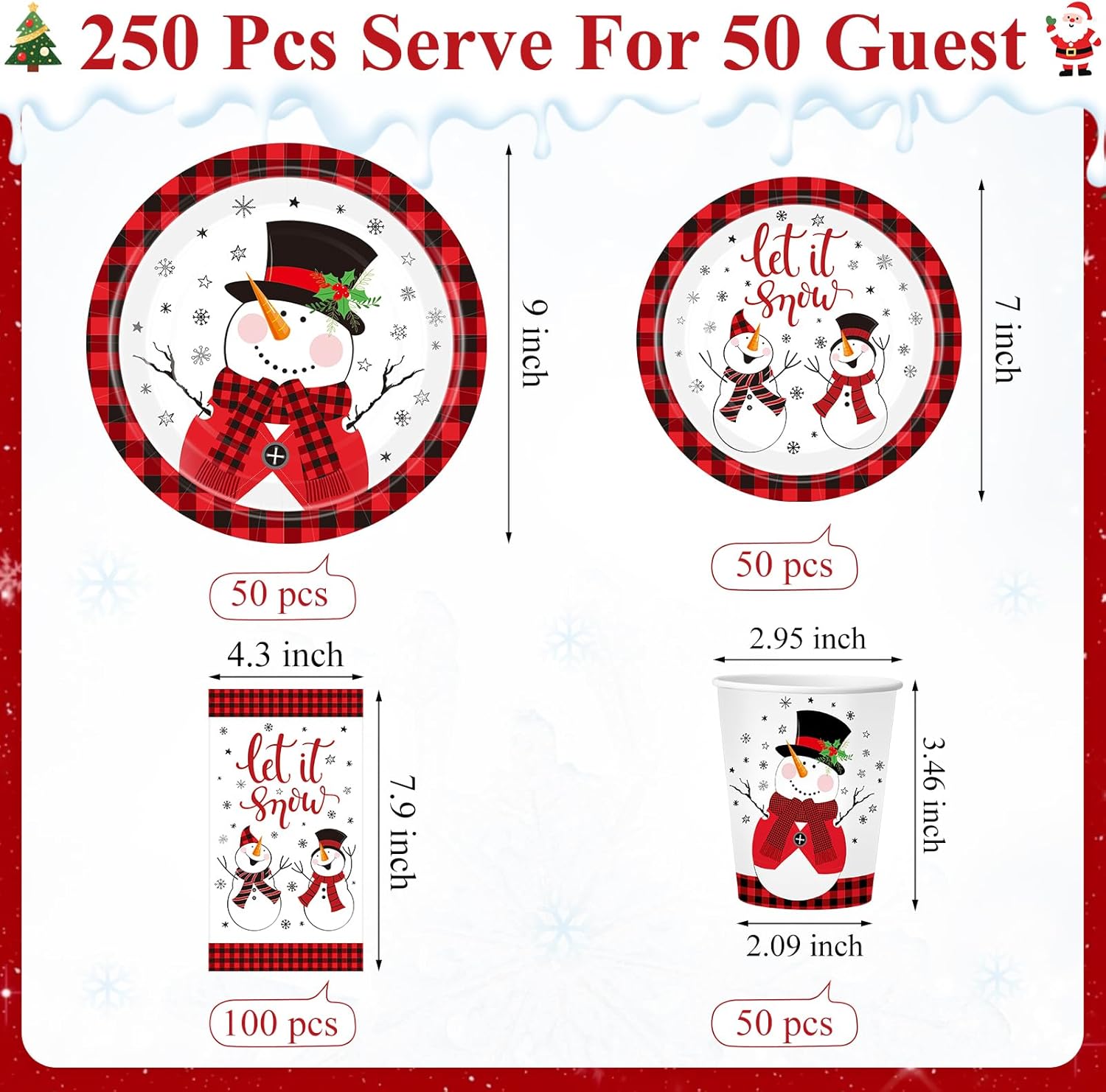 250 Pcs Winter Snowman Paper Plates and Napkins Party Supplies Red Black Buffalo Plaid Winter Disposable Tableware Set for Christmas Holiday Party Decoration