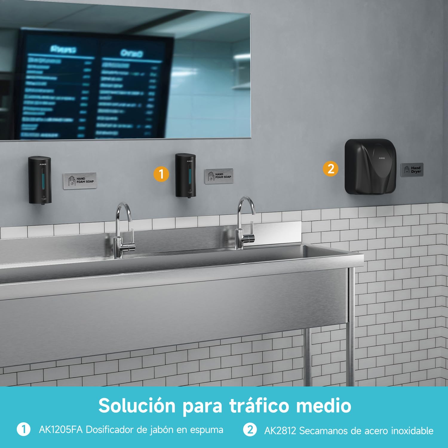 AIKE FoamCore Dispensador de Jabón Espuma Automático, de Pared para Uso Comercial, 750ML Acero Inoxidable para Jabón de Manos Espumoso (Acero Inoxidable Negro)